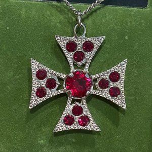 Scottish Art Pewter Cross Pendant with Faux Rubies